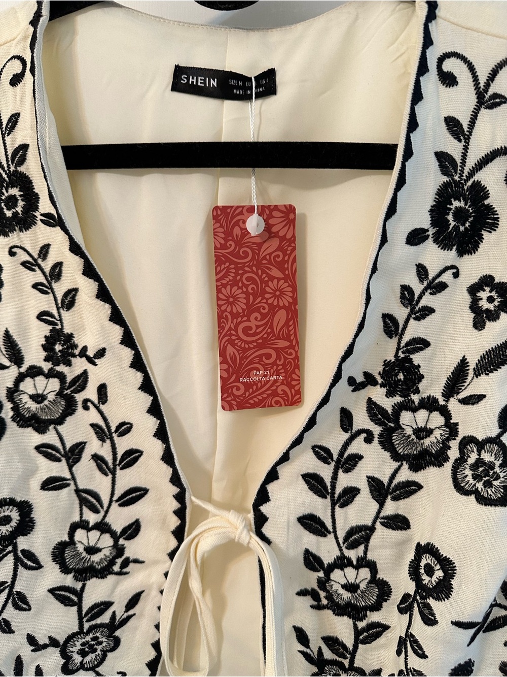 SHEIN Cream Cropped Tie-Front Cardigan with Black Floral Embroidery - Picture 3 of 3